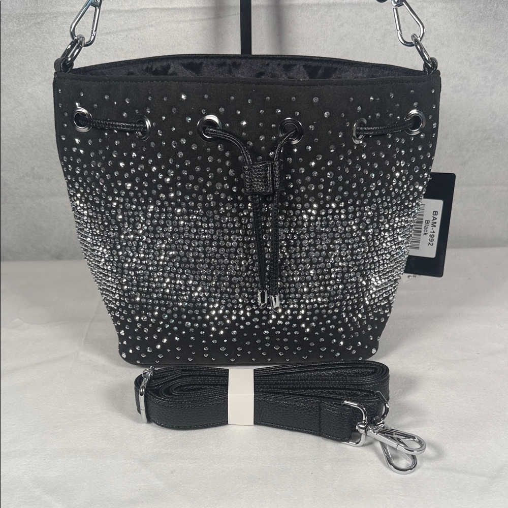 Black Rhinestone Drawstring Bucket Bag - Picture 3 of 6